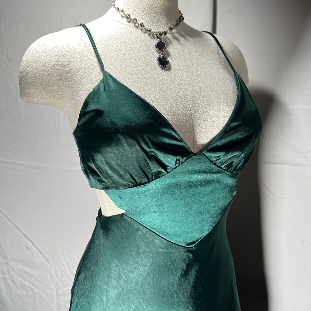 Here Comes The Sun Emerald Green Satin Midi Slip Dress Size S Cutout Cocktail - Picture 16 of 16